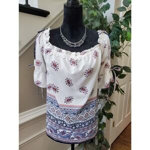 C Womens White Paisley 100% Polyester Round Neck Short Sleeve Top Blouse X-Large
